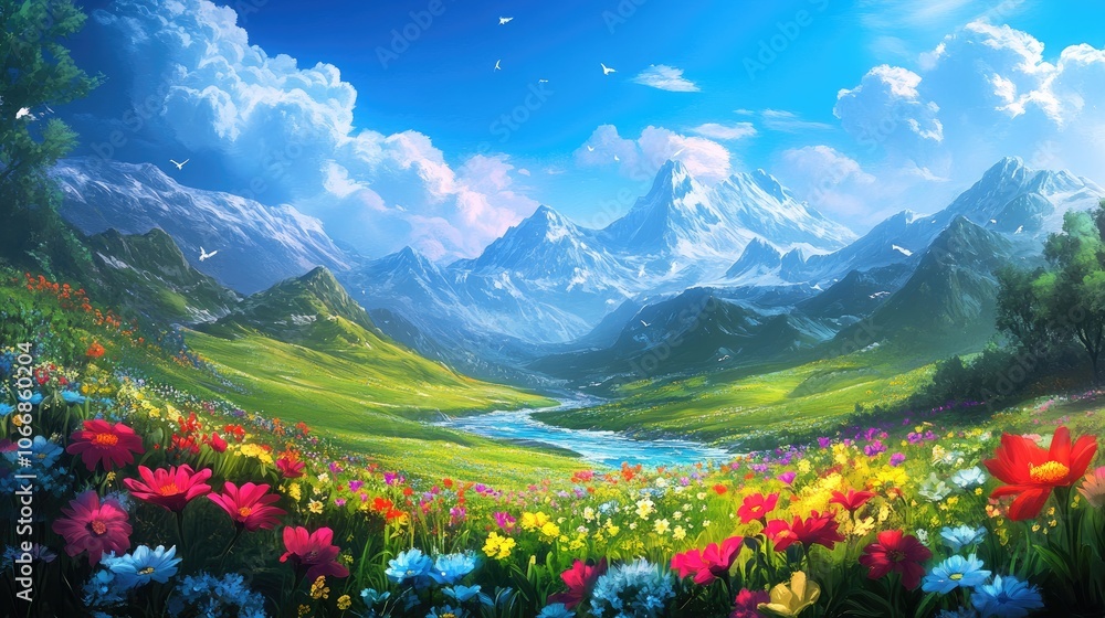 A serene landscape of vibrant wildflowers blooms alongside a softly flowing river embraced by gentle hills and majestic mountains A serene landscape of vibrant wildflowers blooms alongside a softly flowing river embraced by gentle hills and majestic mountains