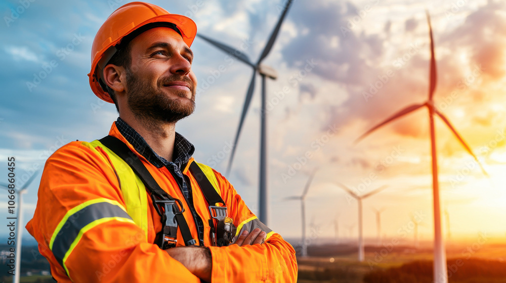 technician stands confidently in offshore wind farm, showcasing his expertise and dedication to renewable energy. sunset creates beautiful backdrop, highlighting wind turbines technician stands confidently in offshore wind farm, showcasing his expertise and dedication to renewable energy. sunset creates beautiful backdrop, highlighting wind turbines