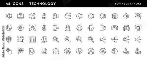 Technology icon collection. Circuit, automation, machine learning, biometric, artificial intelligence, cogwheel and more. Editable stroke. Pixel Perfect. Grid base 32px.