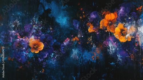 Blue violet and orange flowers against a black backdrop conveying themes of abstraction artistic expression and creativity photo