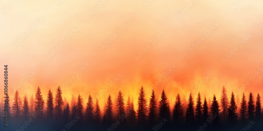 Forest fire at sunset with silhouettes of trees against orange and yellow sky. Forest fire at sunset with silhouettes of trees against orange and yellow sky.