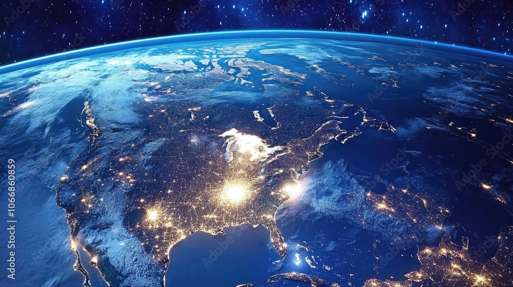 A view of the Earth from space showcasing nighttime city lights reflecting the vibrant pulse of urban life and human innovation A view of the Earth from space showcasing nighttime city lights reflecting the vibrant pulse of urban life and human innovation