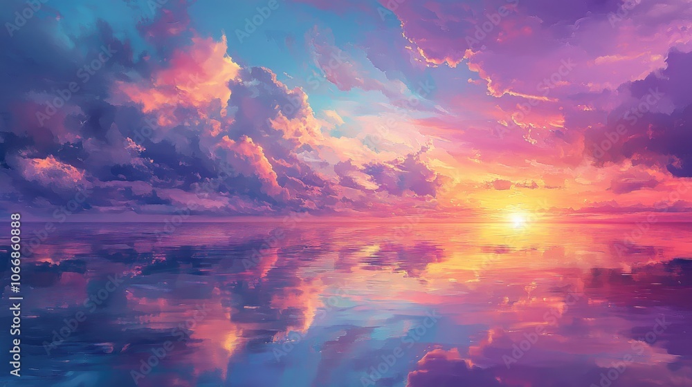 Breathtaking scene of a tranquil ocean under a captivating sky adorned with vivid sunset colors mirrored on calm waters Breathtaking scene of a tranquil ocean under a captivating sky adorned with vivid sunset colors mirrored on calm waters