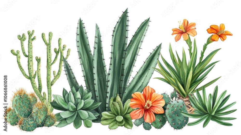 Botanical clip art featuring desert tropical plants isolated on a white background Botanical clip art featuring desert tropical plants isolated on a white background