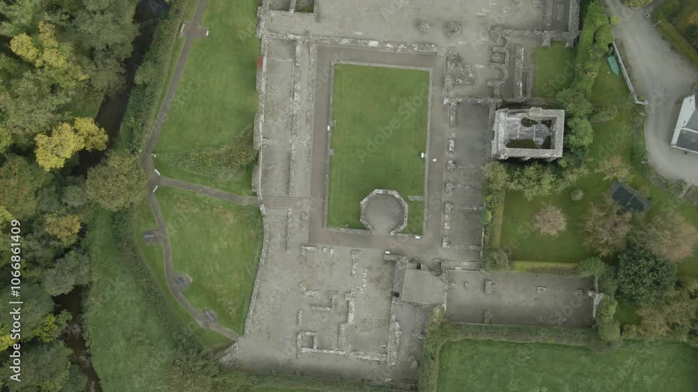 Mellifont Abbey, a Cistercian Monastery Located Near Drogheda, County Louth, Ireland - Aerial Topdown Shot Mellifont Abbey, a Cistercian Monastery Located Near Drogheda, County Louth, Ireland - Aerial Topdown Shot