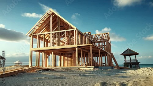 A two-story wooden frame house under construction against a blue sky with white clouds