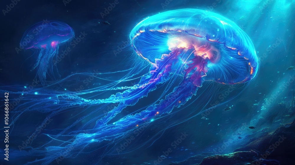 Naklejka premium Bioluminescent jellyfish gracefully gliding through the ocean depths showcasing their delicate gelatinous shapes