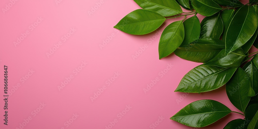 Green leaves on a pink background, ideal for nature-themed designs. Green leaves on a pink background, ideal for nature-themed designs.