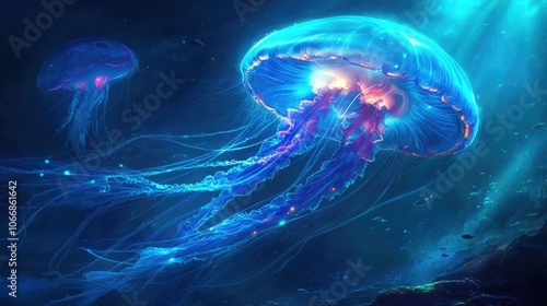 Bioluminescent jellyfish gracefully gliding through the ocean depths showcasing their delicate gelatinous shapes