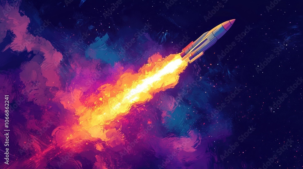 A vibrant image of a rocket launching with a fiery plume trailing behind A vibrant image of a rocket launching with a fiery plume trailing behind