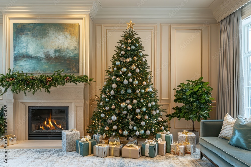 A large green Christmas tree adorned with ornaments and gifts by a light-colored fireplace. A large green Christmas tree adorned with ornaments and gifts by a light-colored fireplace.