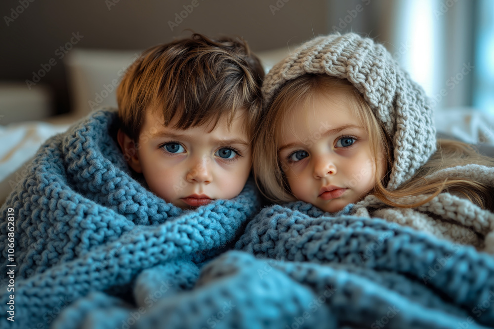 A boy and a girl wrapped up in a blanket A boy and a girl wrapped up in a blanket