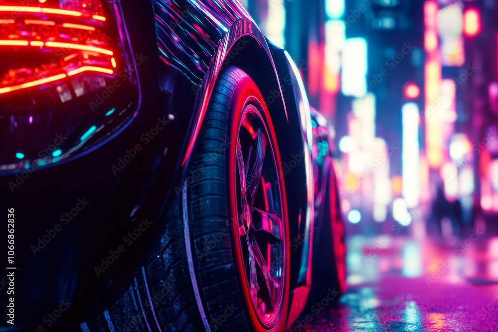 A vibrant and futuristic car scene captured at night. Neon lights reflect off the sleek surface. Perfect for urban and technology themes. Generative AI A vibrant and futuristic car scene captured at night. Neon lights reflect off the sleek surface. Perfect for urban and technology themes. Generative AI