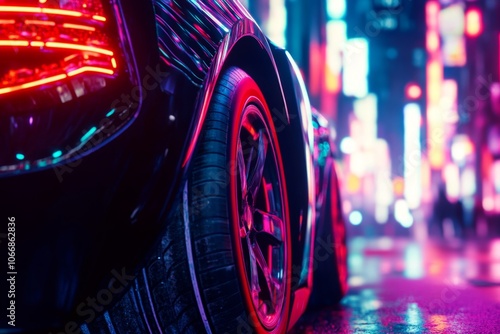 Wallpaper Mural A vibrant and futuristic car scene captured at night. Neon lights reflect off the sleek surface. Perfect for urban and technology themes. Generative AI Torontodigital.ca