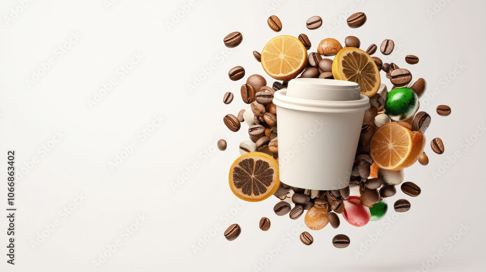 Obraz premium coffee cup surrounded by coffee beans and citrus fruits, creating vibrant scene