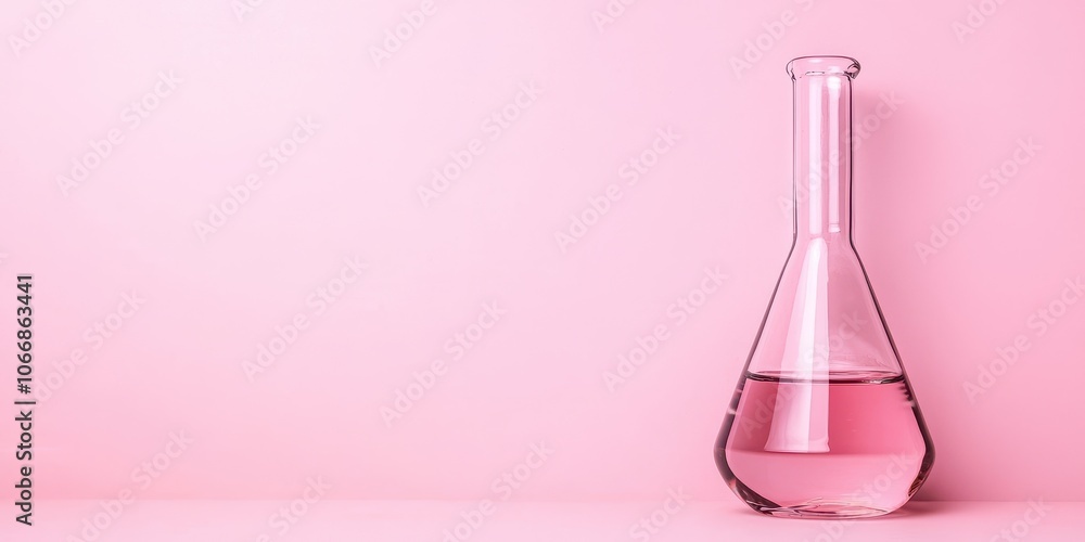Laboratory glassware with pink liquid on a soft pink background. Laboratory glassware with pink liquid on a soft pink background.