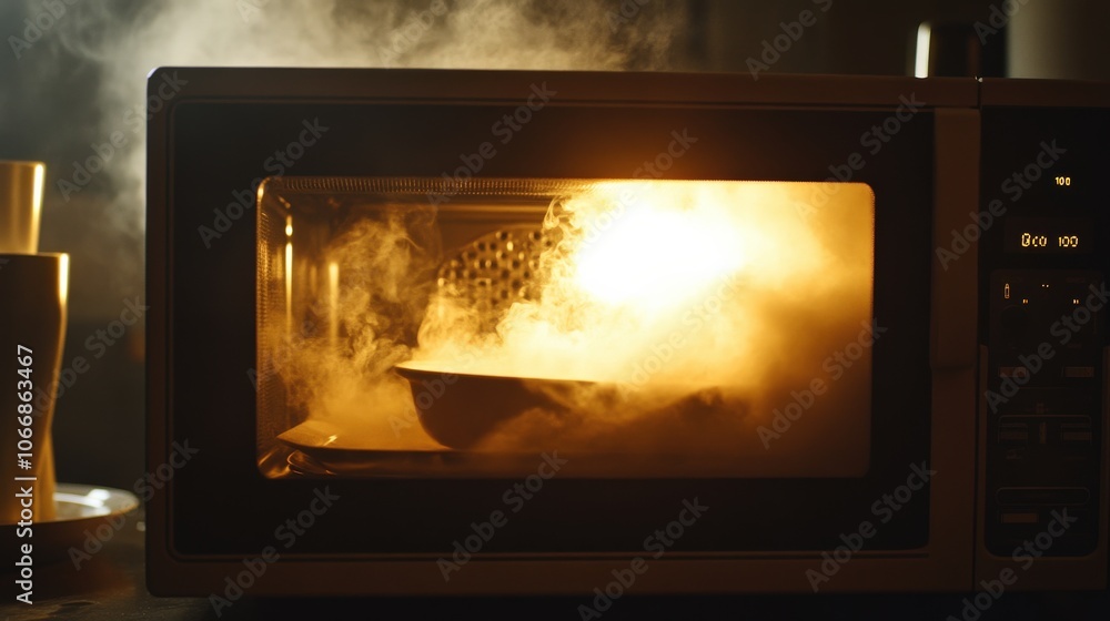Fototapeta premium Thick smoke billows from a microwave as it heats food, casting a warm glow in a dim kitchen setting during the early evening