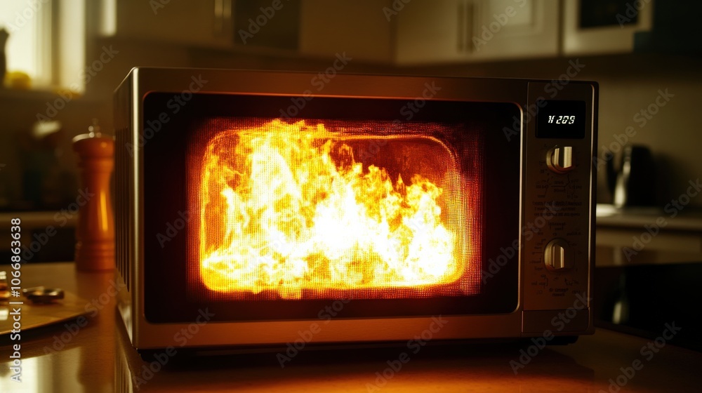 Obraz premium A microwave in a kitchen emits large flames, dramatically showcasing the dangerous consequences of overheating food during cooking. The surrounding area appears a mix of shock and chaos
