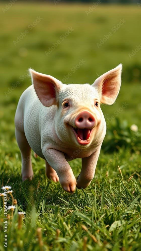 A happy piglet runs through a grassy field on a sunny day A happy piglet runs through a grassy field on a sunny day