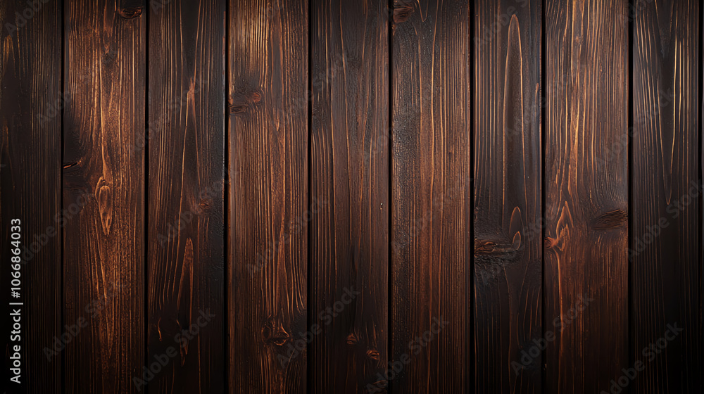Naklejka premium Macro shot of old dark wood paneling, visible knots and rich brown tones, subtle shadows for depth, cozy and organic ambiance.