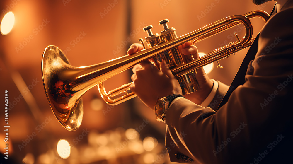 Obraz premium Closeup of a musician's hands skillfully playing a trumpet in a dimly lit jazz club during an evening performance