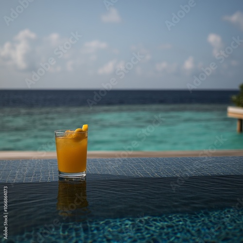 A refreshing drink by the pool, with the beautiful Indian Ocean as a backdrop in the Maldives.