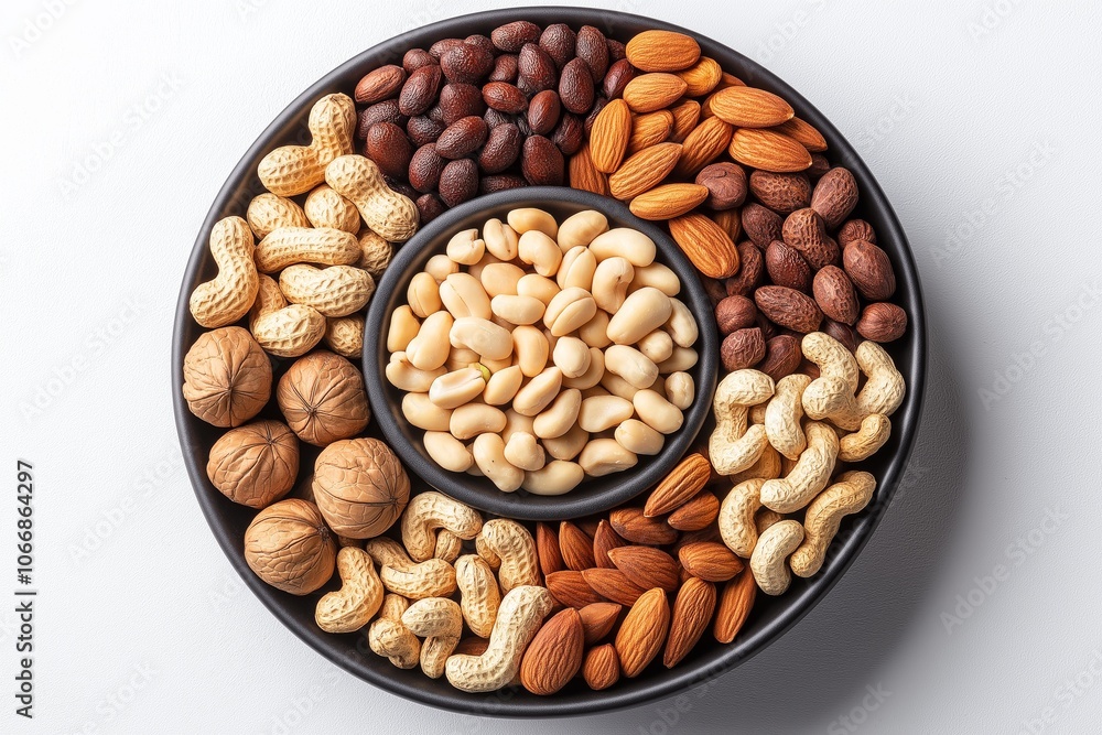 Assortment of nuts in wooden bowl on white background, top view Assortment of nuts in wooden bowl on white background, top view