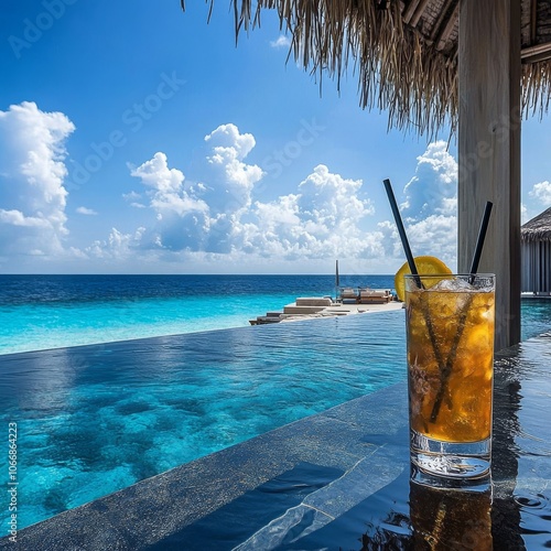 A refreshing drink by the pool, with the beautiful Indian Ocean as a backdrop in the Maldives.