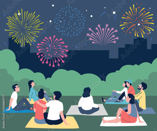 People crowd sitting in city park on plaids and looking firework in night sky. Festival, holidays and entertainment. Outdoor recreation, vector scene