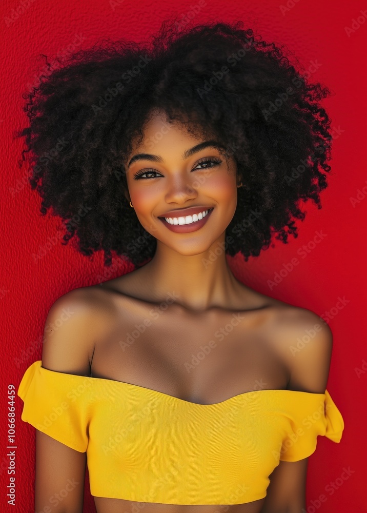 A woman with a yellow top and curly hair is smiling A woman with a yellow top and curly hair is smiling