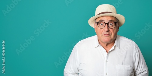 Middle-aged man with surprised expression wearing glasses and hat, isolated background