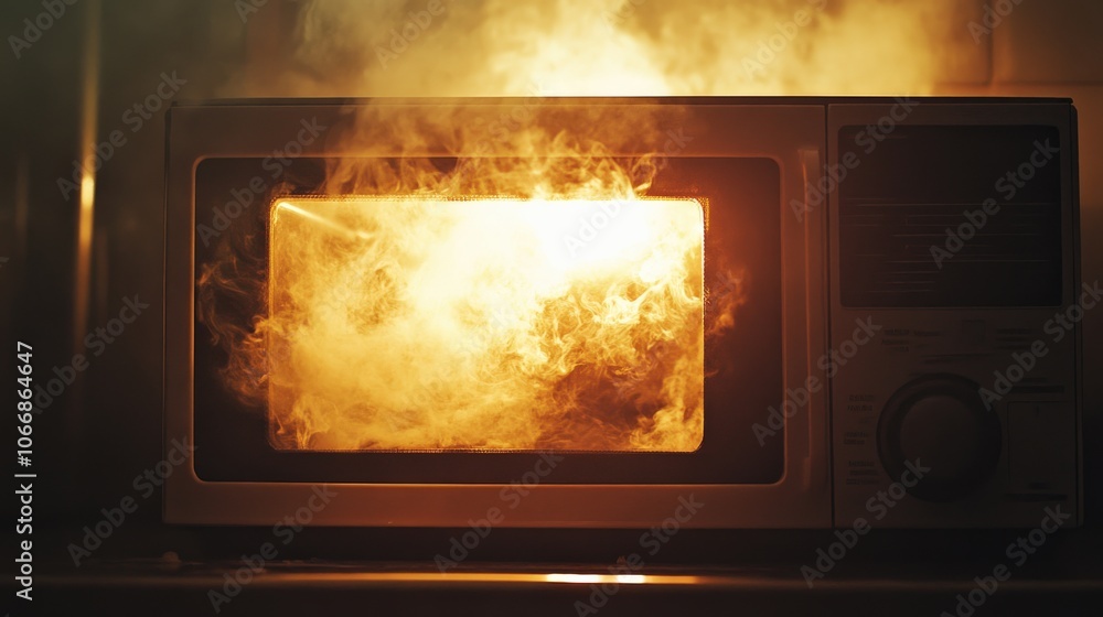 A microwave in a kitchen emits thick smoke, creating a dramatic and concerning atmosphere as it appears to have overheated while cooking food A microwave in a kitchen emits thick smoke, creating a dramatic and concerning atmosphere as it appears to have overheated while cooking food