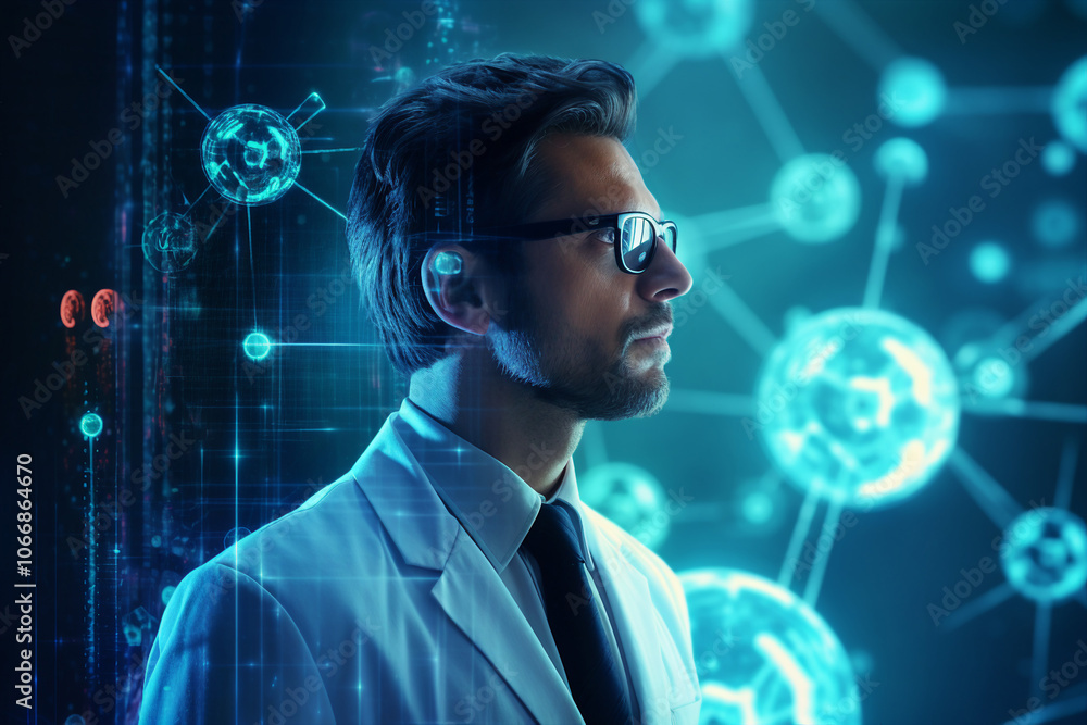 Young scientist working in laboratory generative AI illustration Young scientist working in laboratory generative AI illustration