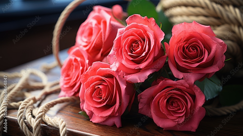 red roses twine scissors on wood table red roses twine scissors on wood table