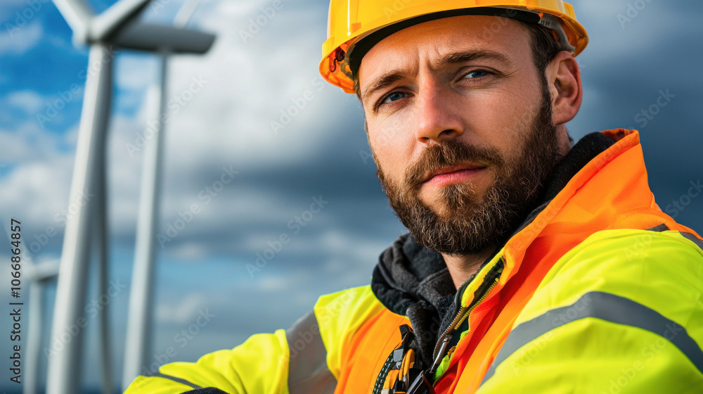 technician in safety helmet and bright jacket poses confidently near offshore wind turbines, showcasing dedication to renewable energy technician in safety helmet and bright jacket poses confidently near offshore wind turbines, showcasing dedication to renewable energy