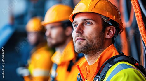 technician in safety gear gazes thoughtfully while working on offshore wind turbine. His bright orange attire and helmet reflect importance of safety in industry