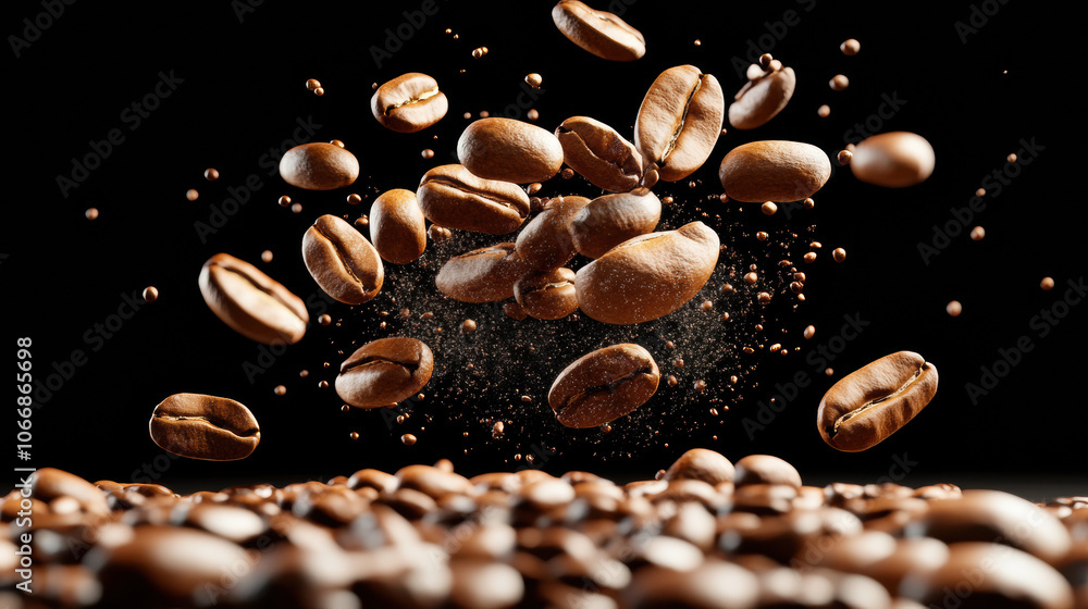 Coffee beans floating in dark space, creating dynamic and rich scene Coffee beans floating in dark space, creating dynamic and rich scene
