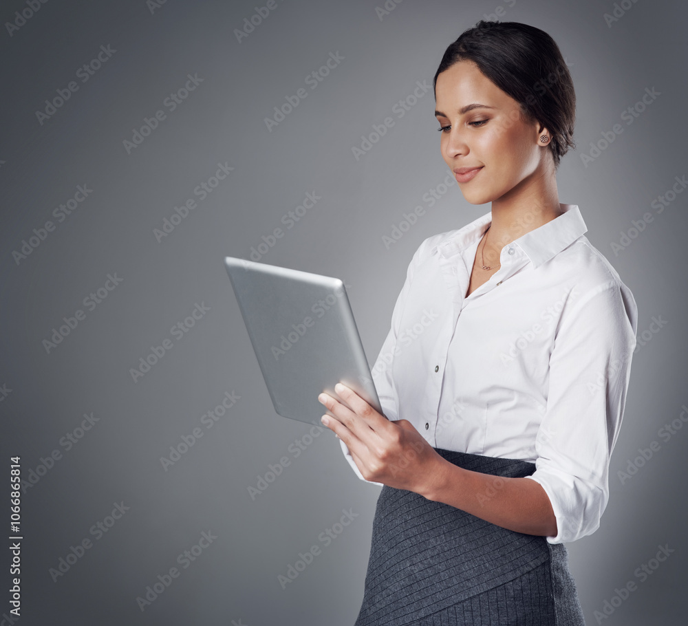 Studio, business and woman on tablet with space, search and networking connection on web. Scroll, reading and businesswoman with digital app for online schedule, agenda or planning on grey background Studio, business and woman on tablet with space, search and networking connection on web. Scroll, reading and businesswoman with digital app for online schedule, agenda or planning on grey background