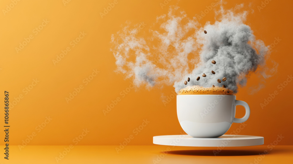steaming coffee cup with smoky effects and floating coffee beans steaming coffee cup with smoky effects and floating coffee beans