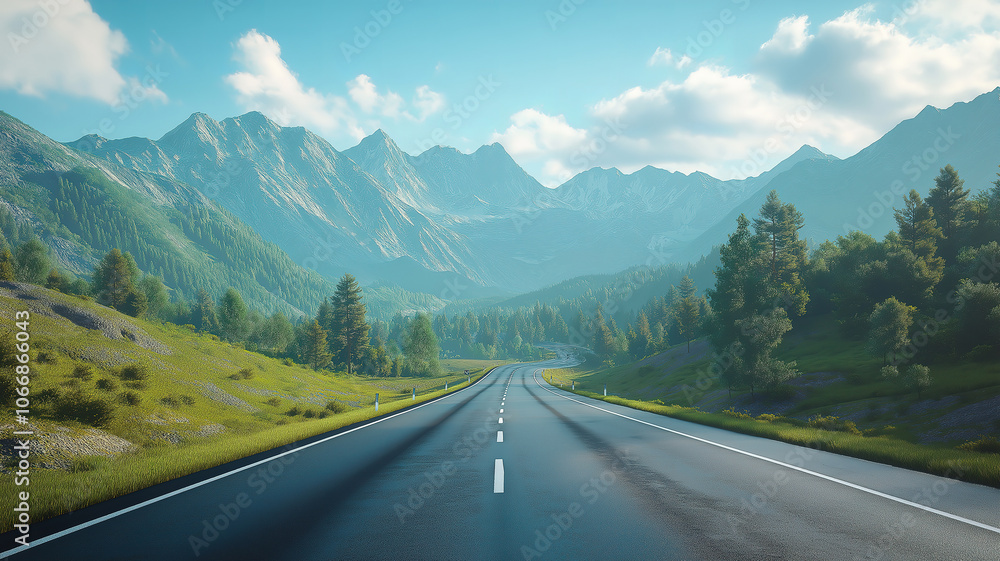 Driving through a picturesque mountain landscape on a winding highway Driving through a picturesque mountain landscape on a winding highway