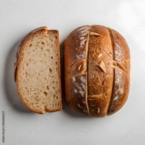 Loaf of bread isolated on white background, top view. Loaf of bread with slices  photo