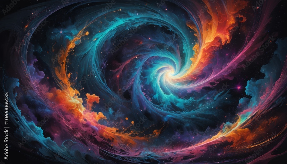 Vibrant cosmic artwork depicting a swirling galaxy with dynamic colors in void space Vibrant cosmic artwork depicting a swirling galaxy with dynamic colors in void space