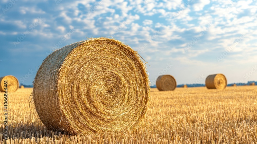A vast golden field with large round straw bales scattered across A vast golden field with large round straw bales scattered across