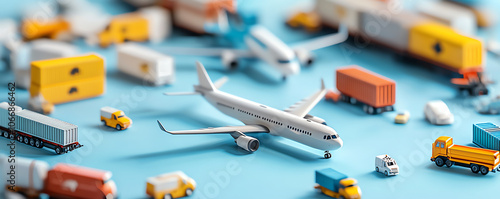 Detailed model set of transportation modes with planes, trains, and cargo containers, soft pastel tones, high-resolution 3D art, educational and imaginative. photo