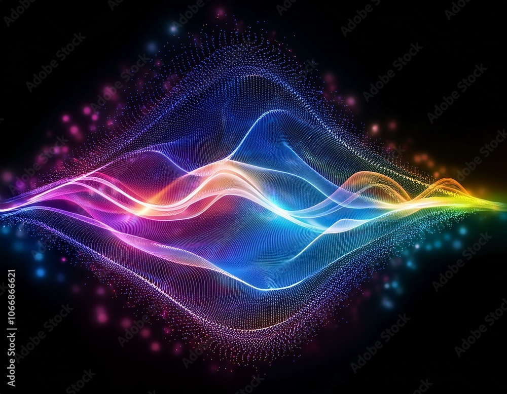 Psychedelic sinus wave art in shimmering neon hues, composed of countless vibrant, ethereal particles. Psychedelic sinus wave art in shimmering neon hues, composed of countless vibrant, ethereal particles.