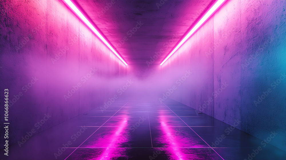 Dimly lit space with glowing magenta and purple lights suspended, sleek reflective flooring, cyberpunk-inspired scene with soft fog. Dimly lit space with glowing magenta and purple lights suspended, sleek reflective flooring, cyberpunk-inspired scene with soft fog.