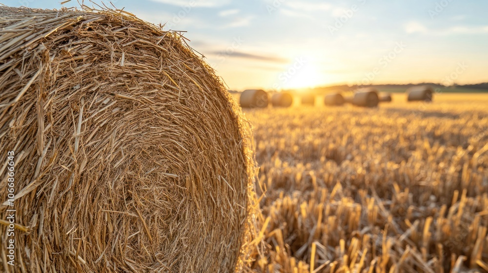 A vast golden field with large round straw bales scattered across A vast golden field with large round straw bales scattered across