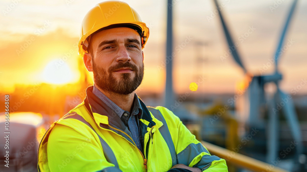 confident technician stands in safety vest and hard hat, with wind turbines in background during sunset, showcasing dedication to renewable energy confident technician stands in safety vest and hard hat, with wind turbines in background during sunset, showcasing dedication to renewable energy