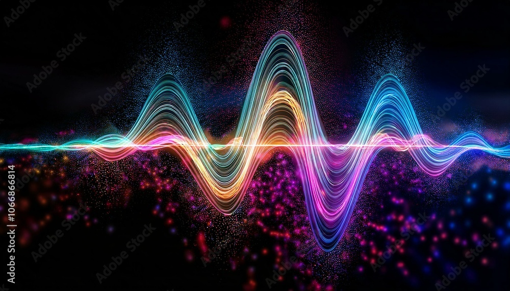 Fototapeta premium Psychedelic sinus wave art in shimmering neon hues, composed of countless vibrant, ethereal particles.