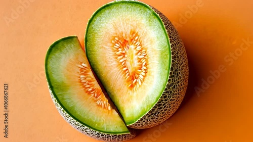 A cantaloupe is sliced in half and a wedge on an orange background